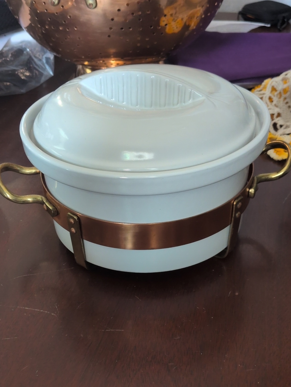 White Ceramic Covered Casserole with Copper Band and Brass Handles